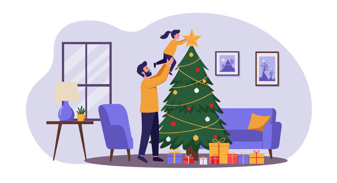 Dad Lifting Child to Place Star on Christmas Tree, Flat Vector Scene