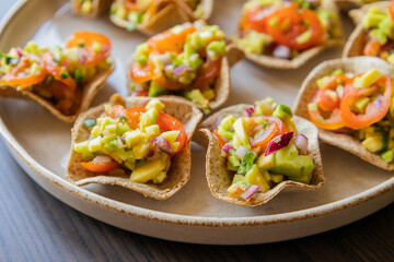 close up stock photo of guacamole bites served as a fresh party appetizer. perfect for summer events, healthy snacking, or finger food ideas. ideal for food bloggers, catering menus, and recipe conten