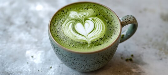 A cup of green matcha latte with foam art 