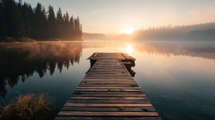 Fototapeta premium Sunrise over a misty lake with a wooden pier