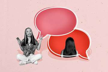 Poster sketch 3D photo collage of young lady sit down hold smartphone chatting friend two finger...