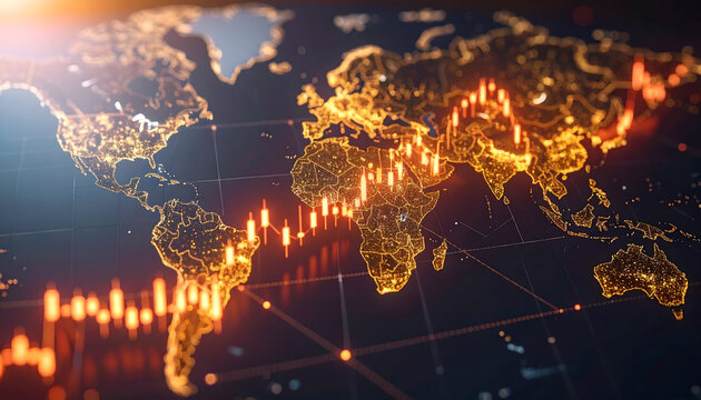 Global Market Visualization: Glowing World Map with Financial Charts - Powered by Adobe