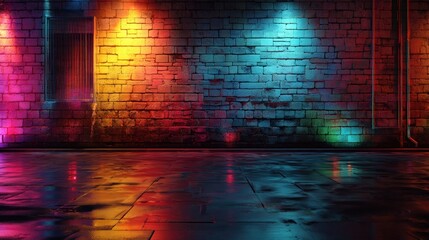 Neon lit brick wall at night with wet pavement