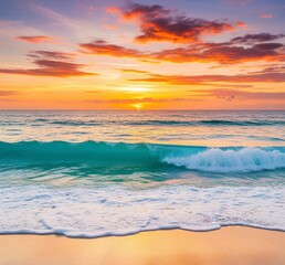 Fototapeta premium Serene Turquoise Ocean Waves Crashing on a Sandy Beach at Sunset