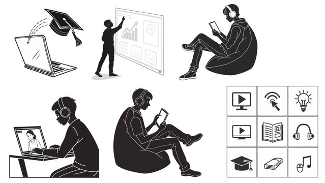Vector silhouettes and icon set for e-learning, illustrating themes of online courses and digital education.