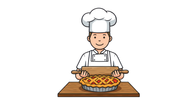 Cartoon Baker with Rolling Pin and Pie on Table