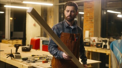 Caucasian employer man handyman technician guy hold wooden block art carpenter male artist measure...