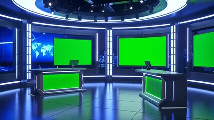 Modern virtual news studio background with green screens ideal for broadcasting and presentations