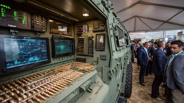 Inside a military vehicle, advanced technological displays and rows of ammunition are showcased at a defense expo, attracting the attention of industry professionals