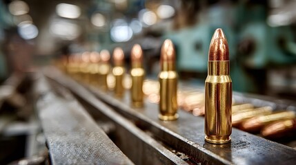 Many bullets are moving on a production line in a munitions factory, representing concepts like ammunition, firearms, war, conflict, and the arms industry