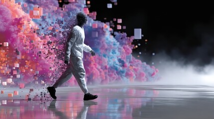 Walking through a digital dreamscape with vibrant colors and floating shapes