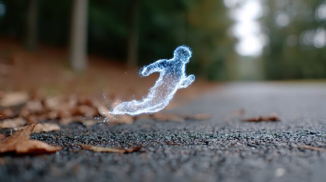 Spectral runner glides along a tranquil forest path in autumn light