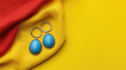 Flat lay of fashion costume jewelry in vibrant colors on bright background with clean layout space