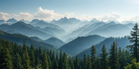 Naklejka premium Green Mountain Scenery with Conifers