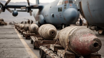 Fototapeta premium Several bombs sit loaded on wooden carts on a tarmac with a lockheed c 130 hercules military cargo airplane in the background, possibly during a military operation