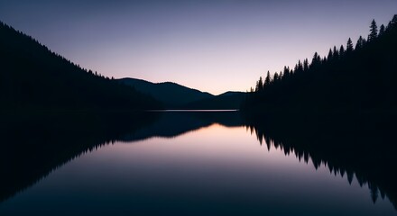 Moody Sunset Lake Reflection in Mountain Valley, Serene Nature Landscape with Dark Silhouettes