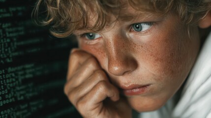 Young boy immersed in code while exploring technology at home