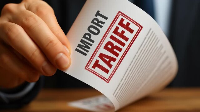 Tariff impact on business &mdash; hand holding import tariff document in corporate setting, highlighting regulatory action, fiscal pressure, and global trade restrictions facing modern commerce

