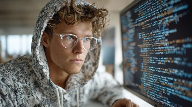 Focused programmer immersed in coding at modern workspace in daylight