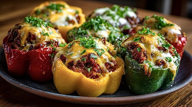 Delicious stuffed bell peppers with minced meat, rice, cheese, and fresh parsley are served on a rustic plate, offering a vibrant and flavorful culinary experience