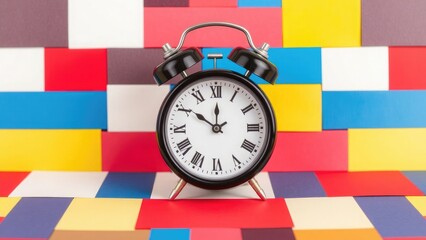 Black alarm clock on colorful background white Roman numerals