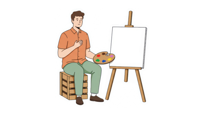 Cartoon Illustration of Male Artist Painting on Easel