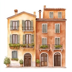 Obraz premium Vintage Italian townhouses architecture illustration watercolor.
