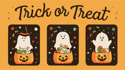 Fototapeta premium Three halloween ghosts with candy in pumpkin buckets and trick or treat text on orange background