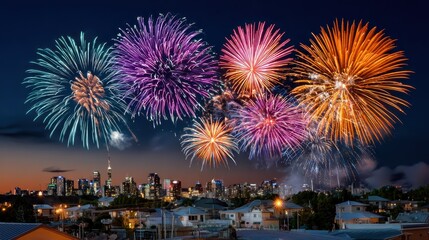 Vibrant fireworks illuminate the night sky over a bustling city skyline