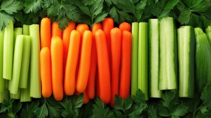 Fresh vegetable sticks such as carrots, cucumbers, and celery arranged in rows with space
