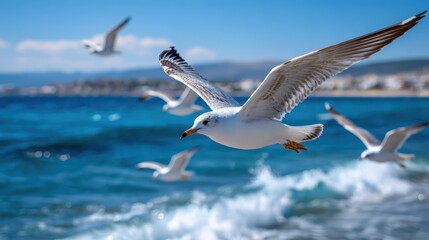 Obraz premium Seagulls gracefully soaring above the sparkling ocean waves by the shore