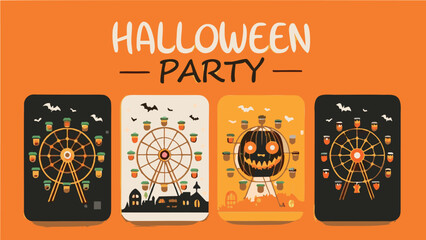 Illustration featuring halloween party text and four panels of themed ferris wheels on orange background