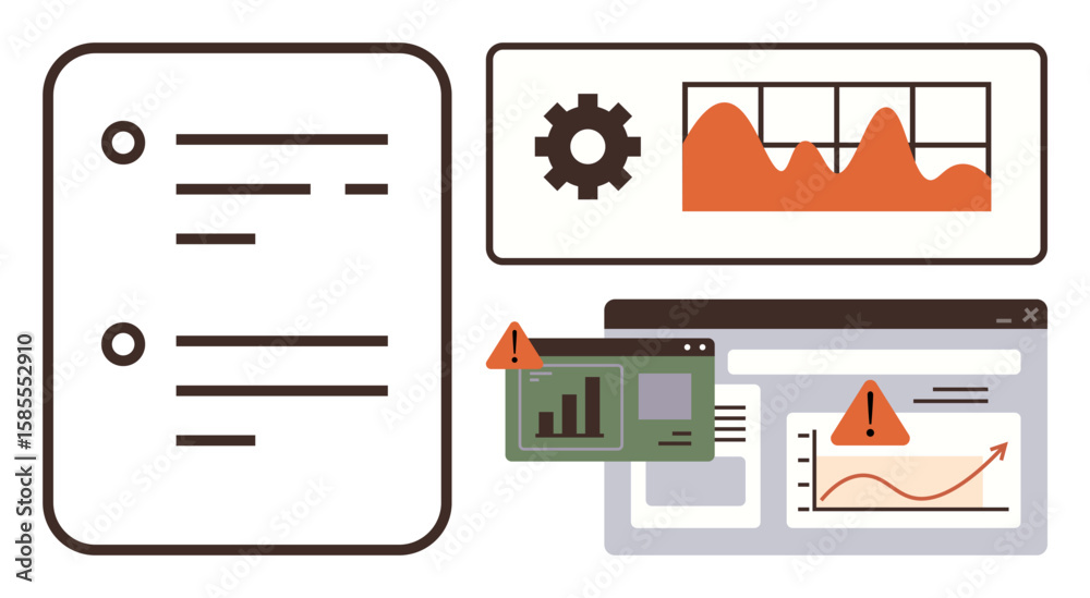 Poster overview of reports, charts, analytics tools, and warning icons in interface layout. ideal for data 