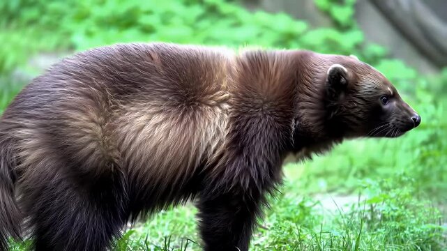 Wolverine (Gulo gulo) in Profile Amidst Green Foliage, Capturing its Wild and Resilient Nature in a Natural Environment