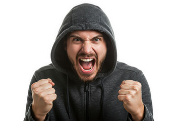Man in hooded sweatshirt shouting with clenched fists raised up on transparent background