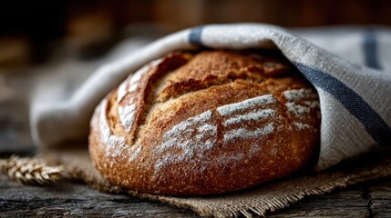 Freshly baked artisanal bread resting on a rustic wooden table
