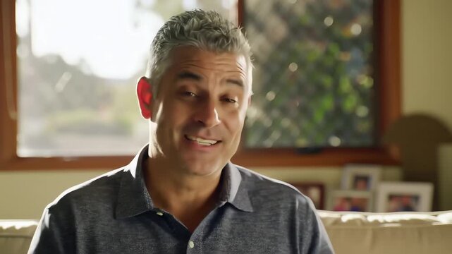 A confident middle aged man with gray hair giving a testimonial interview while sitting on a couch at home