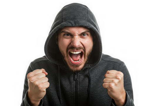 Man in hooded sweatshirt shouting with clenched fists raised up on transparent background