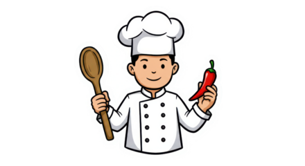 Cartoon Chef Holding Spoon and Chili Pepper Illustration
