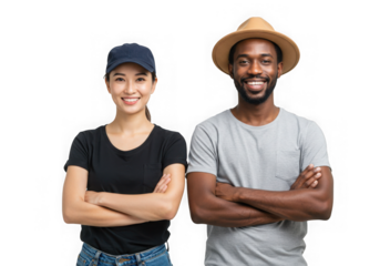 Portrait of a woman and man smiling with arms crossed posing on transparent background
