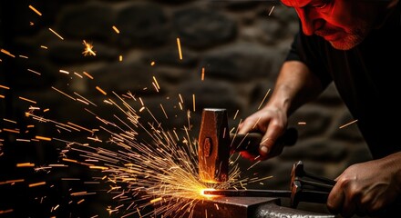 Blacksmith forging metal with sparks hammer