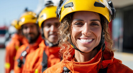 A smiling young woman and other team members in orange uniforms with yellow helmets stand near a fire station on a sunny day, in the front view, high-resolution photography.