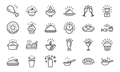 Collection of Hand-Drawn Food and Drink Line Icons with Light Effects Featuring Fast Food, Desserts, Beverages, and Hot Meals on White Background