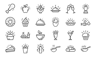 Collection of Hand-Drawn Food and Drink Line Icons with Light Effects Featuring Fast Food, Desserts, Beverages, and Hot Meals on White Background