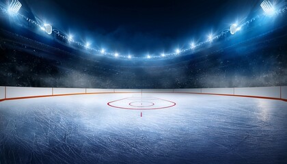 high resolution ice hockey rink with dark background smoke fog and stadium lights captured in wide angle for high detail and quality