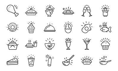 Collection of Hand-Drawn Food and Drink Line Icons with Light Effects Featuring Fast Food, Desserts, Beverages, and Hot Meals on White Background