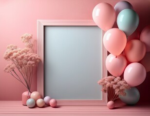 un marco o porta retrato vacio sobre un fondo rosa con espacio de copia con un ramo de globos en colore so tonos pastel ternura para invitacion o tarjeta de felicitacion