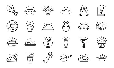 Collection of Hand-Drawn Food and Drink Line Icons with Light Effects Featuring Fast Food, Desserts, Beverages, and Hot Meals on White Background