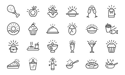 Collection of Hand-Drawn Food and Drink Line Icons with Light Effects Featuring Fast Food, Desserts, Beverages, and Hot Meals on White Background