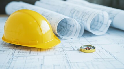 Close-up of a hard hat and compass resting on detailed blueprints for a construction project and planning